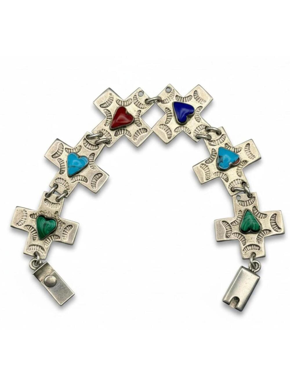 Turquoise, Lapis, Spiny & Malachite Heart & Cross Sterling Silver Link Bracelet